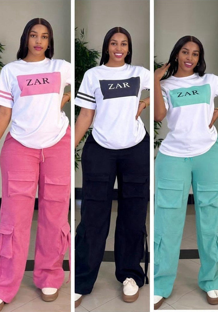 Women Casual Printed Short-sleeved Top and Cargo Pants Two-piece Set