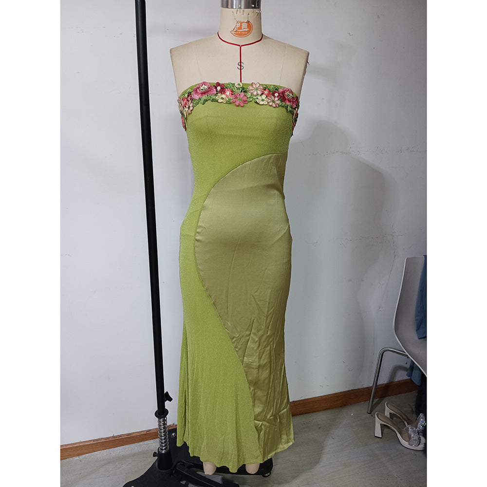 Women Trendy Flower Patchwork French Holidays Strapless Dress 7