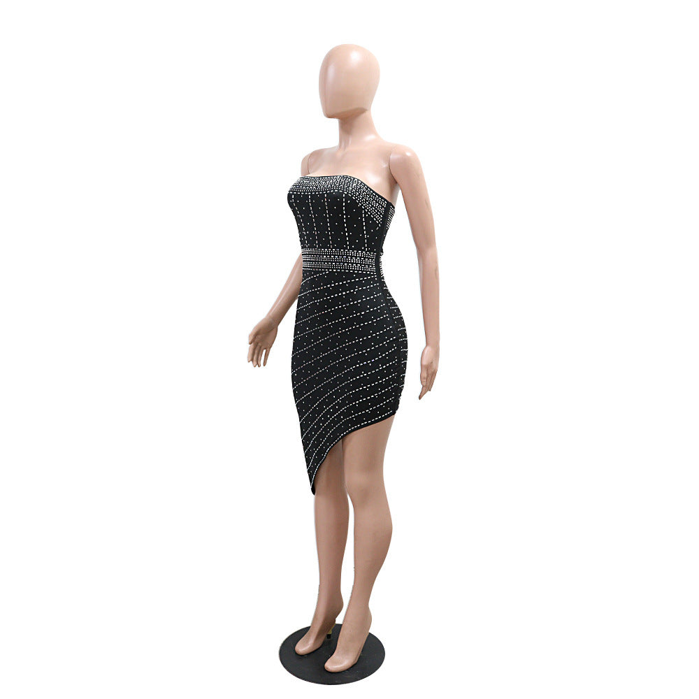 Women Strapless Beaded Sexy Irregular Dress 7