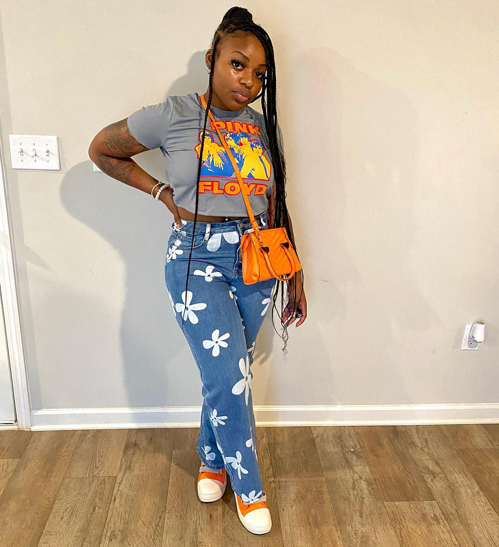 Women Casual Floral Print Denim Pants 3