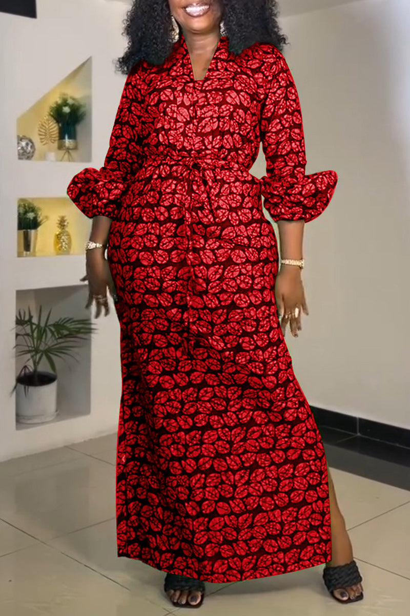 Sexy Print Drawstring Slim Waist Slit Dress 4