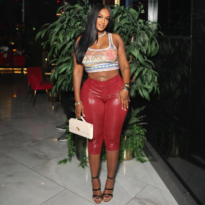 Women Spring and Summer Casual Snake Pattern Solid Cross Cropped Pants 3