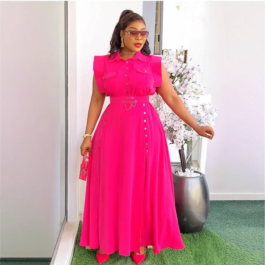 Elegant Career Solid Color Turndown Collar Sleeveless Shirt Slit Long Skirt Two-Piece Set 8