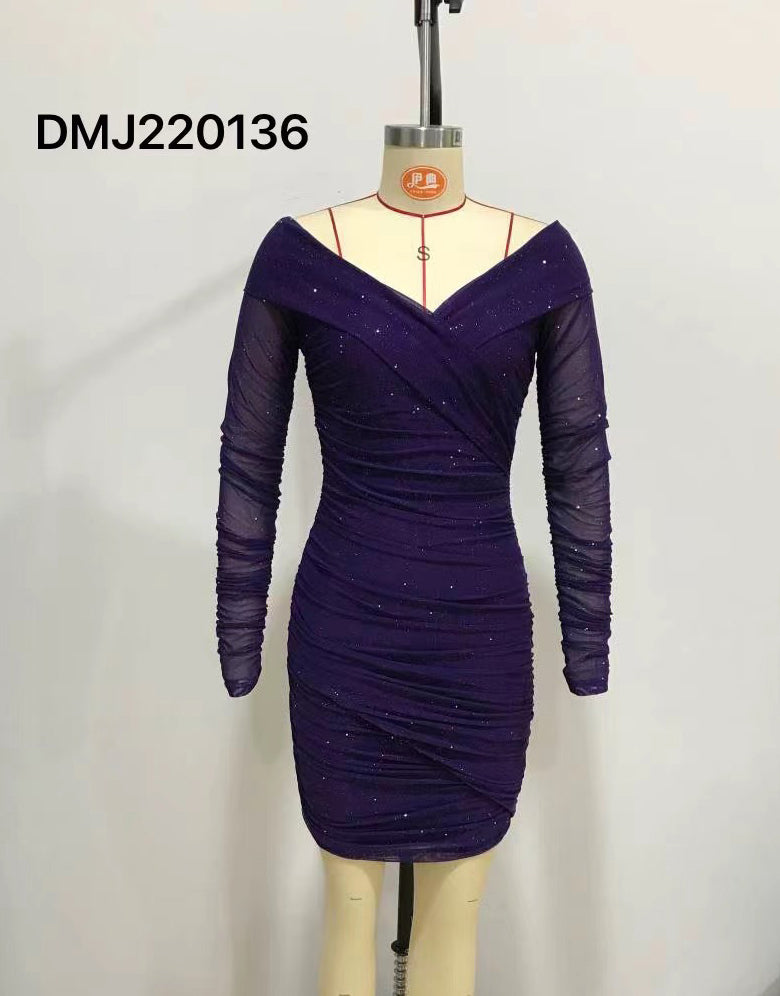 Women Sexy V-Neck Off Shoulder Bodycon Long Sleeve Dress 11