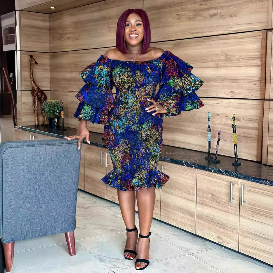 Sexy Off Shoulder Printed Stretch Ruffle Bodycon Dress