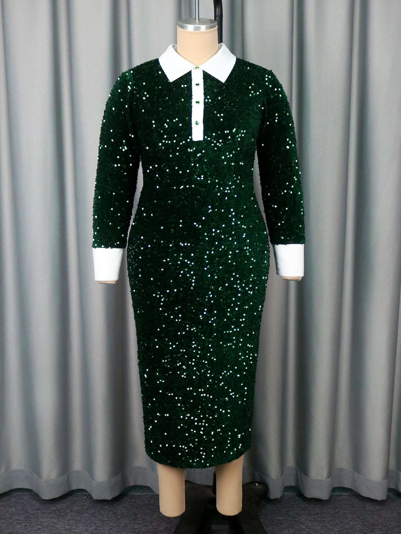 Women's Christmas Velvet Sequins Formal Party Dress Color Block Turndown Collar Long Sleeve Bodycon Dresses 3