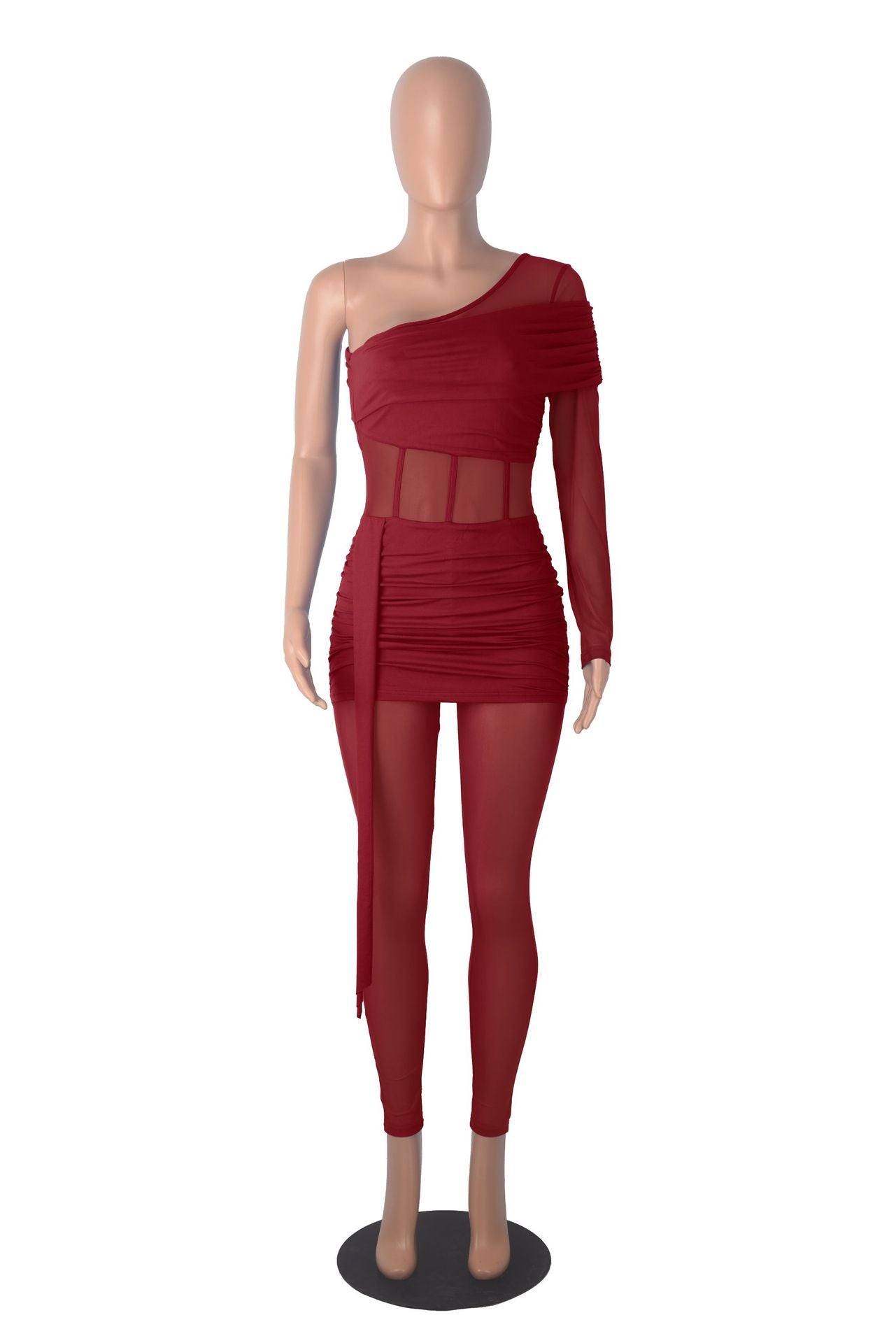 Fashion Slim Fit Sexy Solid Color Slim Waist One-Shoulder Long Sleeve Patchwork Jumpsuit 17