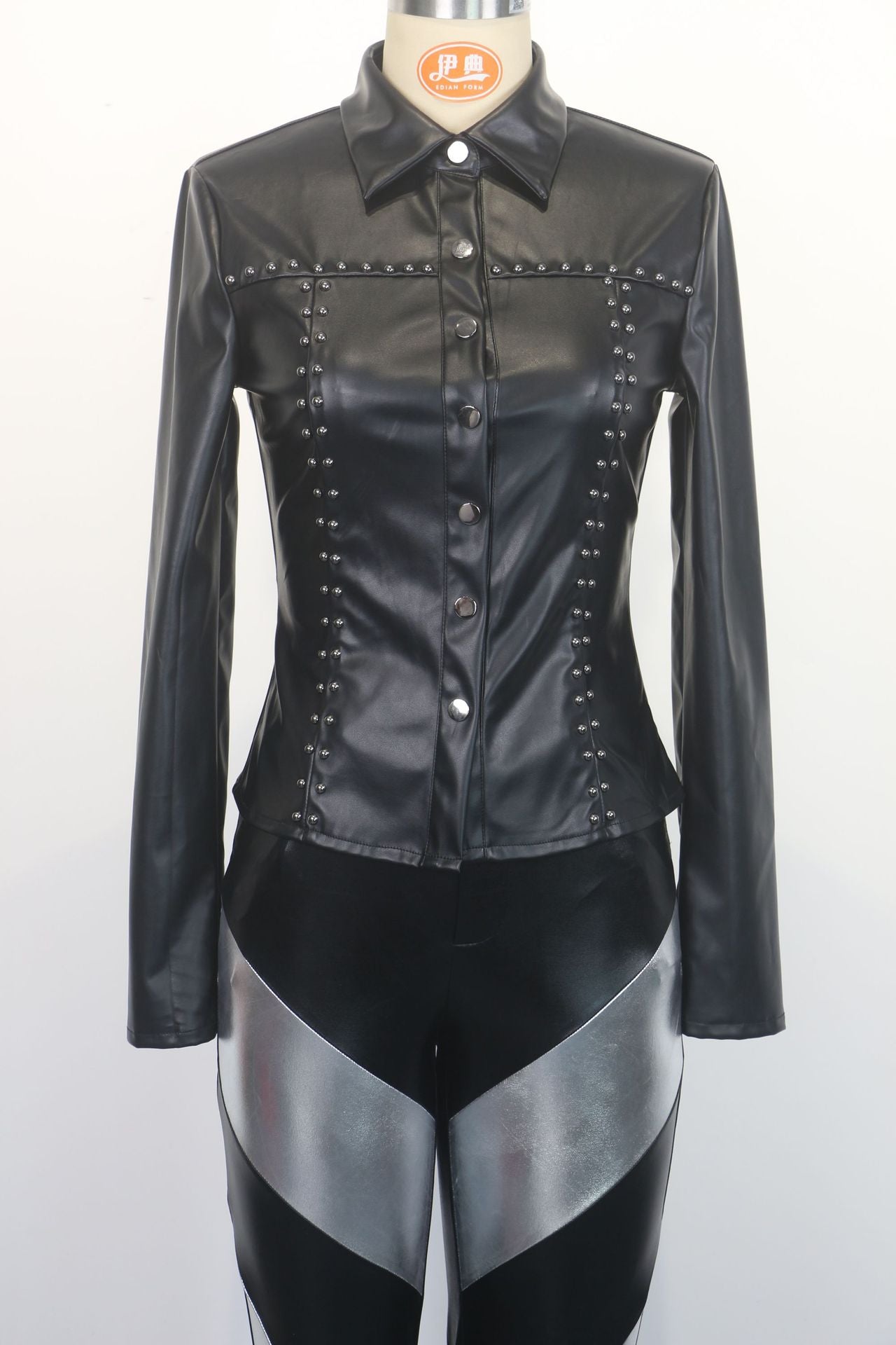 Fashionable Beaded Turndown Collar Slim Waist Long-Sleeved Leather Shirt Top Women's Clothing 8