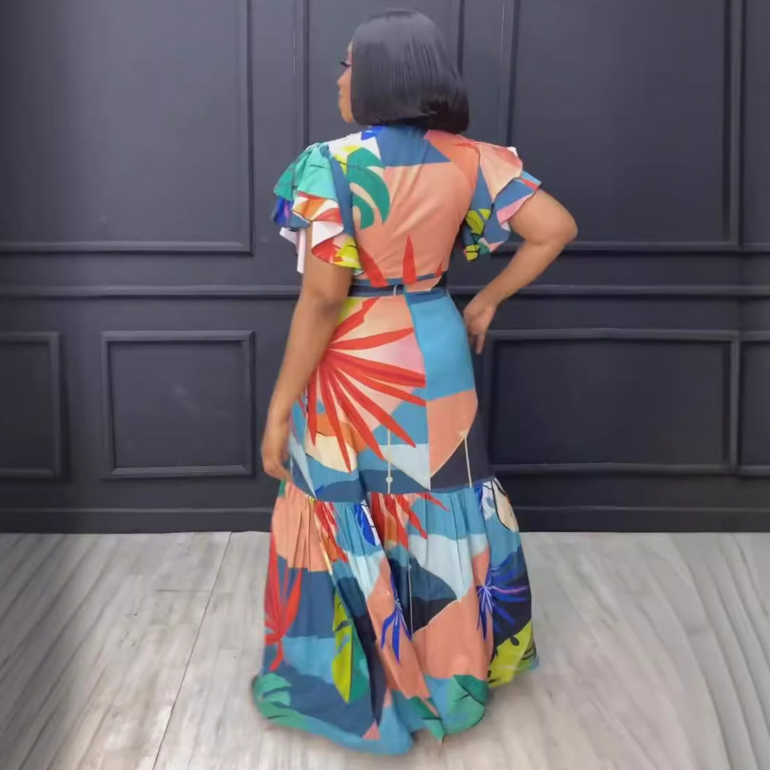 Women Sexy Printed Ruffle Lace-Up Top and Skirt Two-piece Set 6