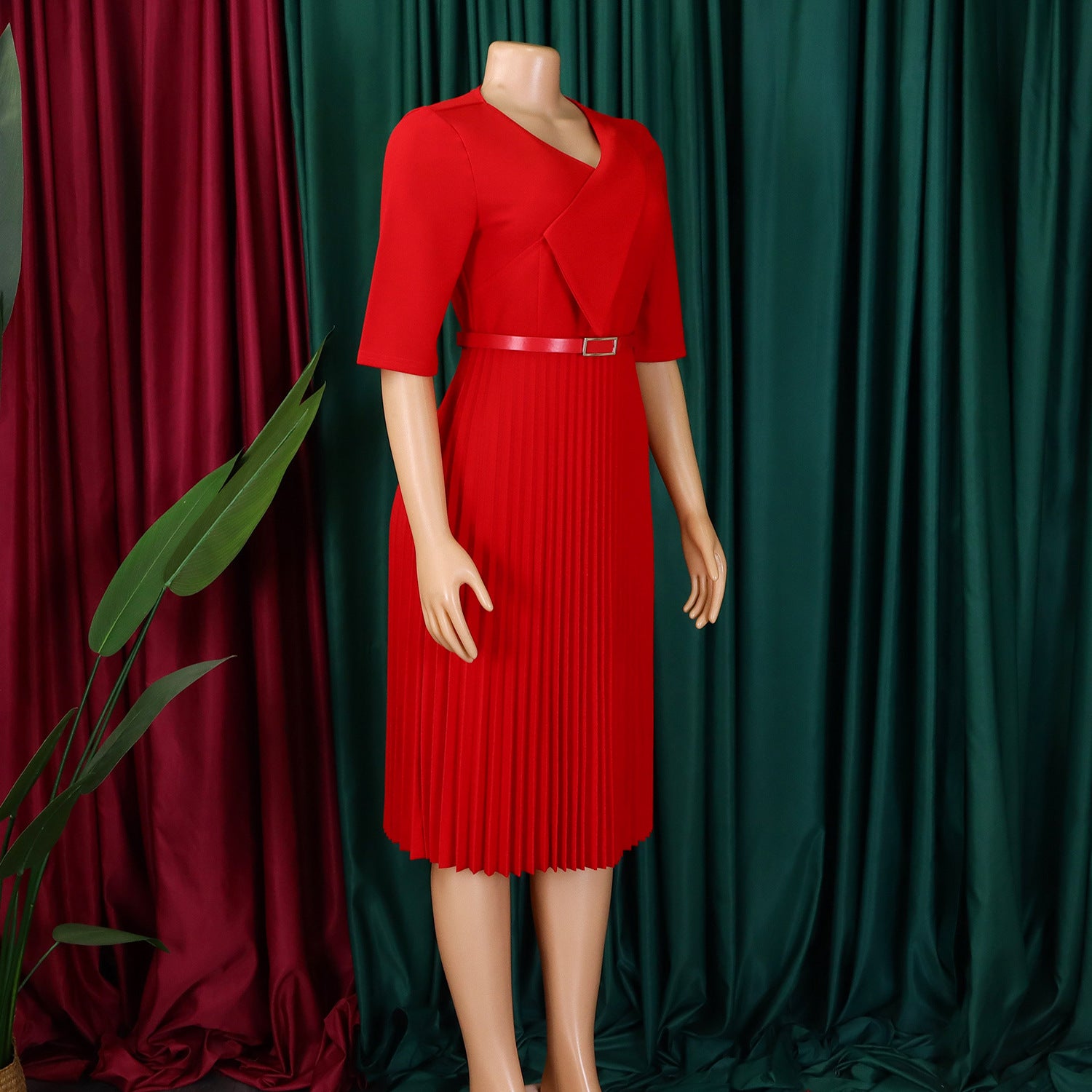 Plus Size Women's Summer Fashion Solid Color Elegant V Neck Pleated African Dress 7