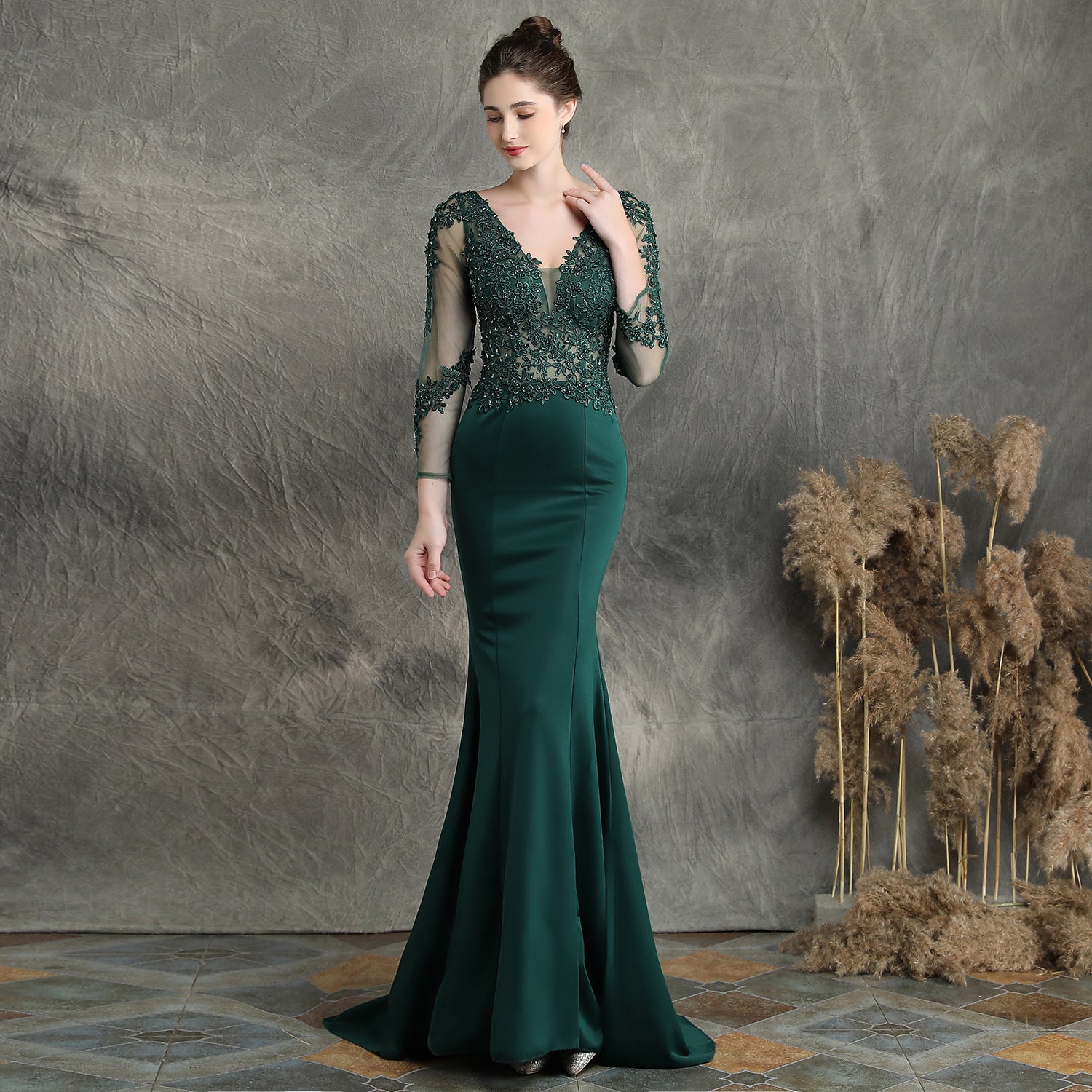 Women Beaded Long Sleeve Fishtail Evening Dress