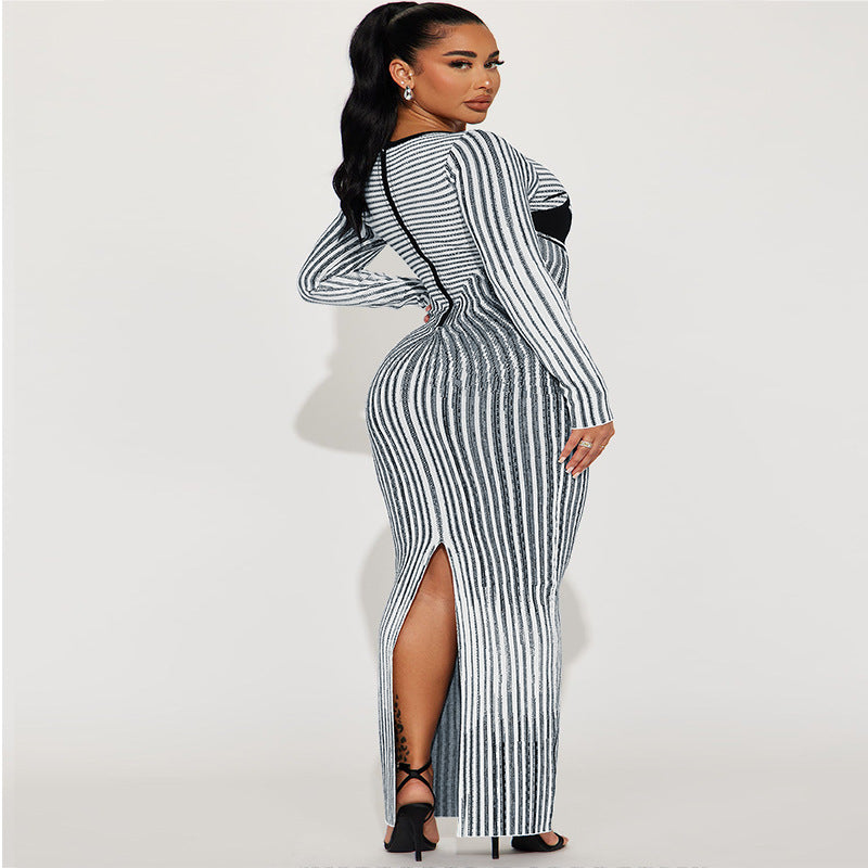 Plus Size Women's Round Neck Slit Long Sleeve Dress 5