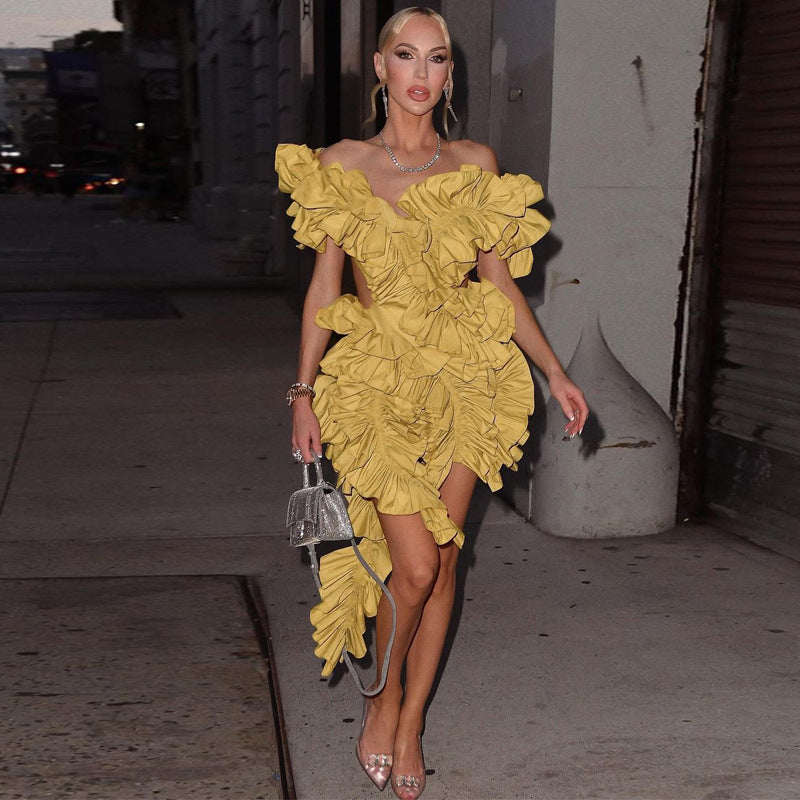 Women's Solid Color Sexy Hollow Low Back Ruffle Irregular Mini Dress 6