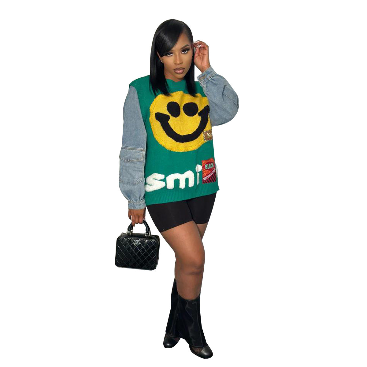 Women'S Clothing Autumn/Winter Denim Patchwork Women'S Knitting Sweater 9