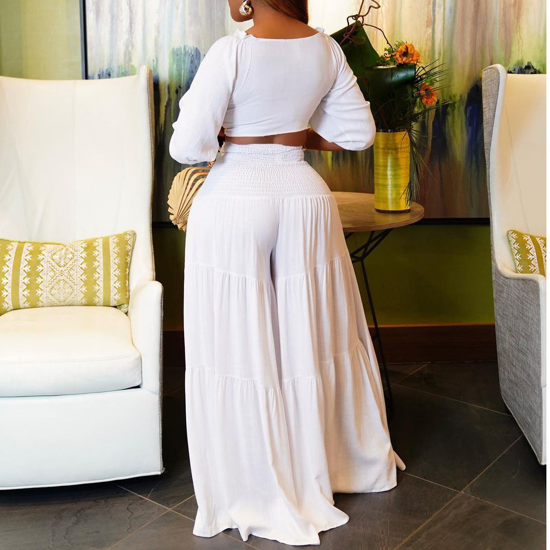 Women Spring Casual V-neck Sleeveless High Waist Solid Cascading Ruffle Loose Plus Size Two Piece Pants Set 17