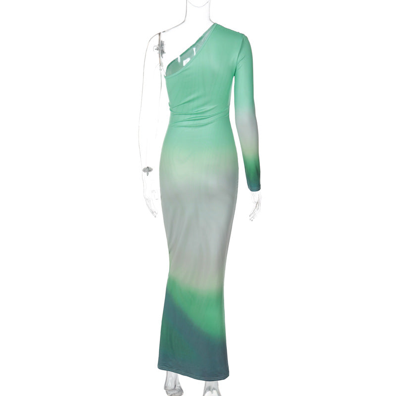 Women's Autumn Fashion Sexy Print Slash Shoulder Single Sleeve Long Bodycon Dress 11