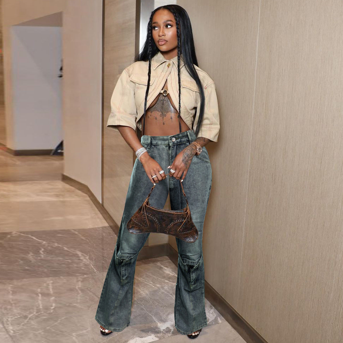 Women Washed Pocket Buttons Denim Pant 4