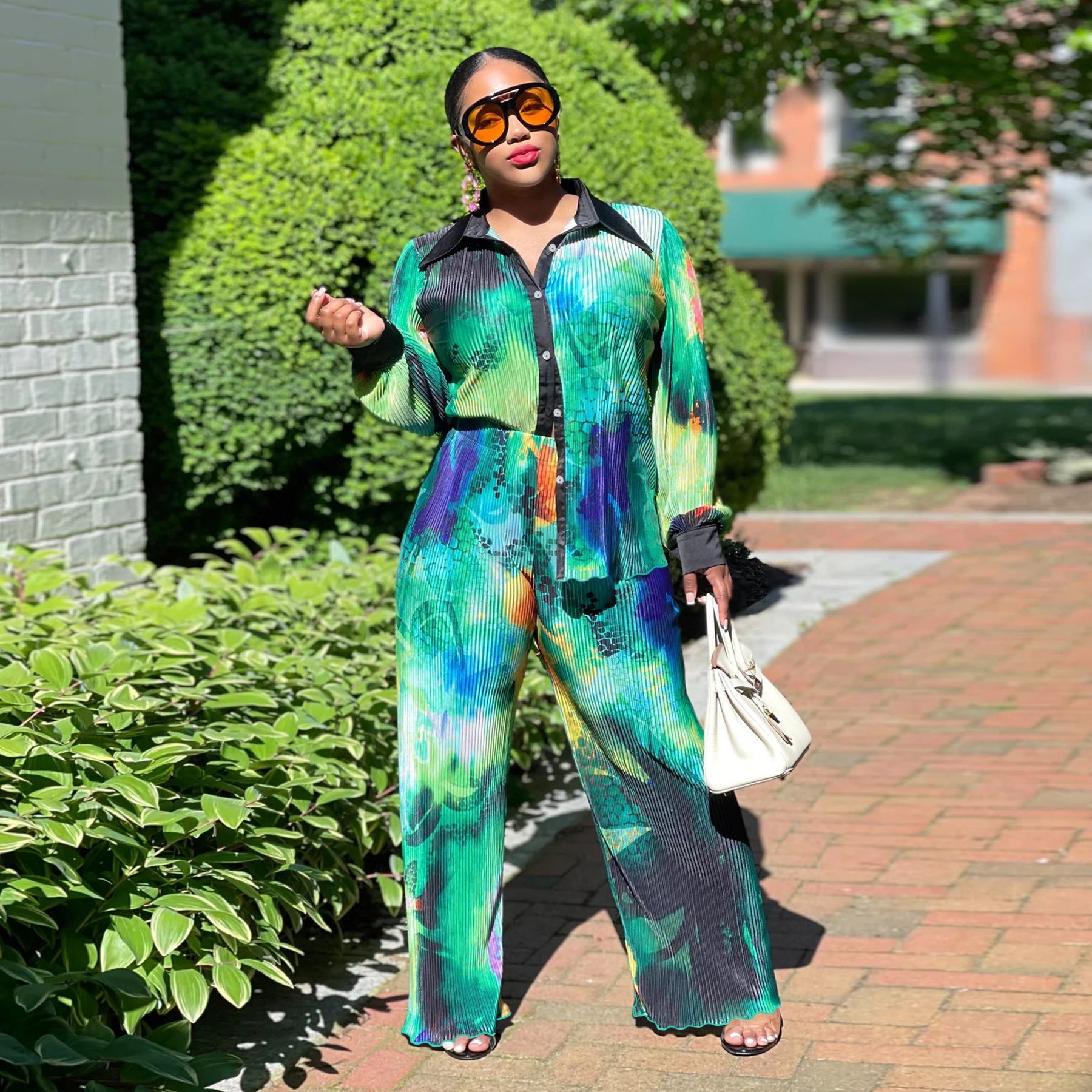 Women Fall Printed Long Sleeve Top and Wide Leg Pants Two-piece Set 3