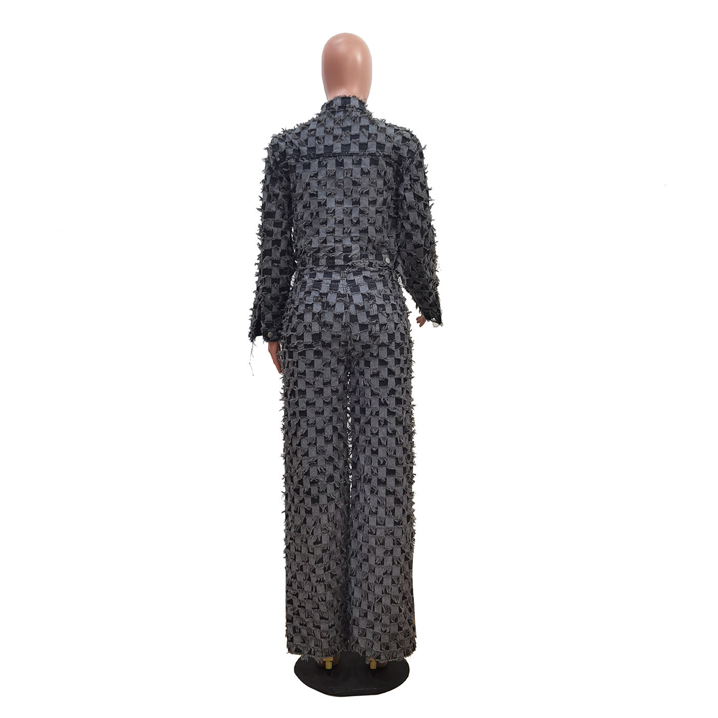 Women Winter Casual Jacquard Plaid Washed Denim Top and Pant Two-Piece Set 5