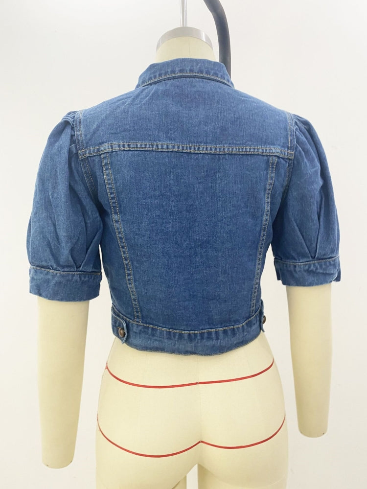 Fashion Button Up Short Sleeve Half Puff Sleeve Women Denim Jacket 11