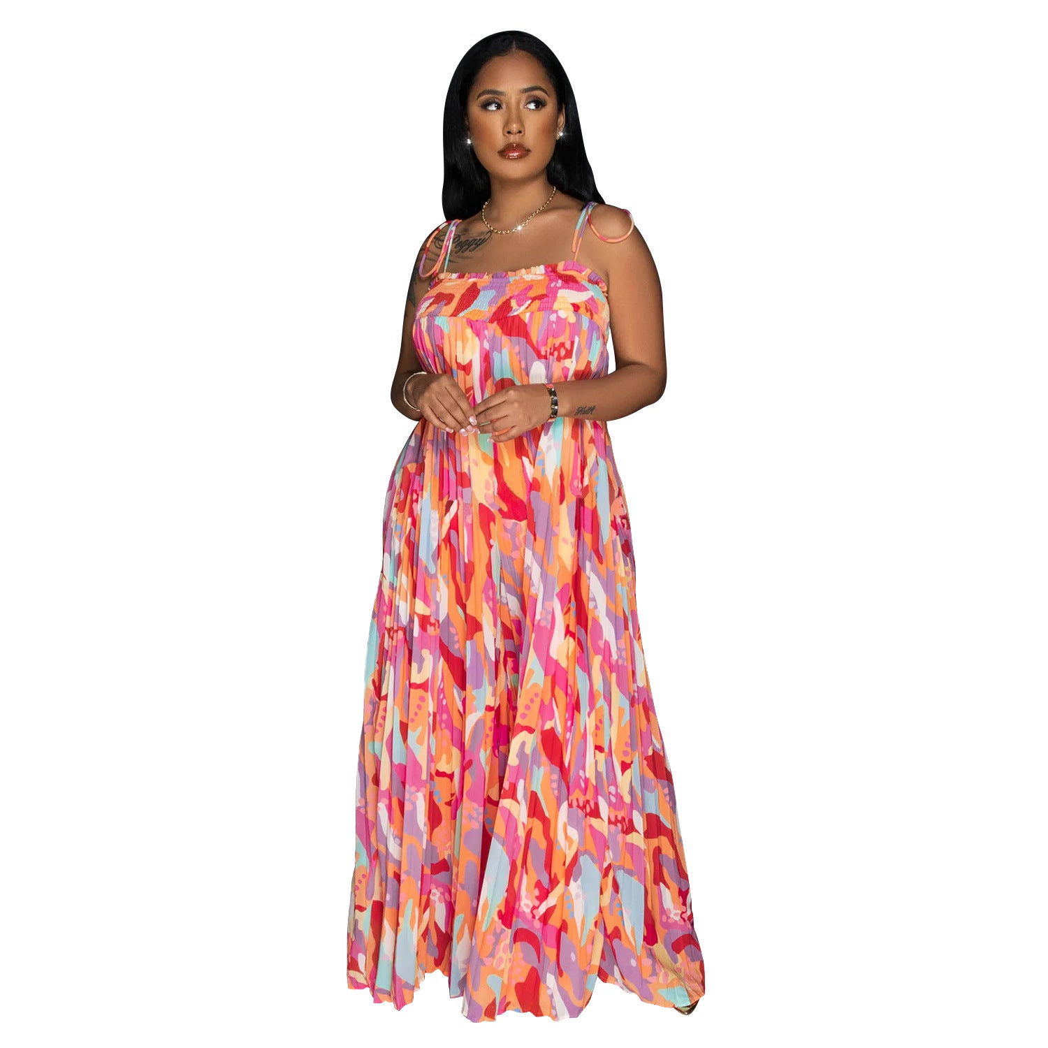 Women Sexy Printed Suspender Pleated Wide Leg Jumpsuit 12