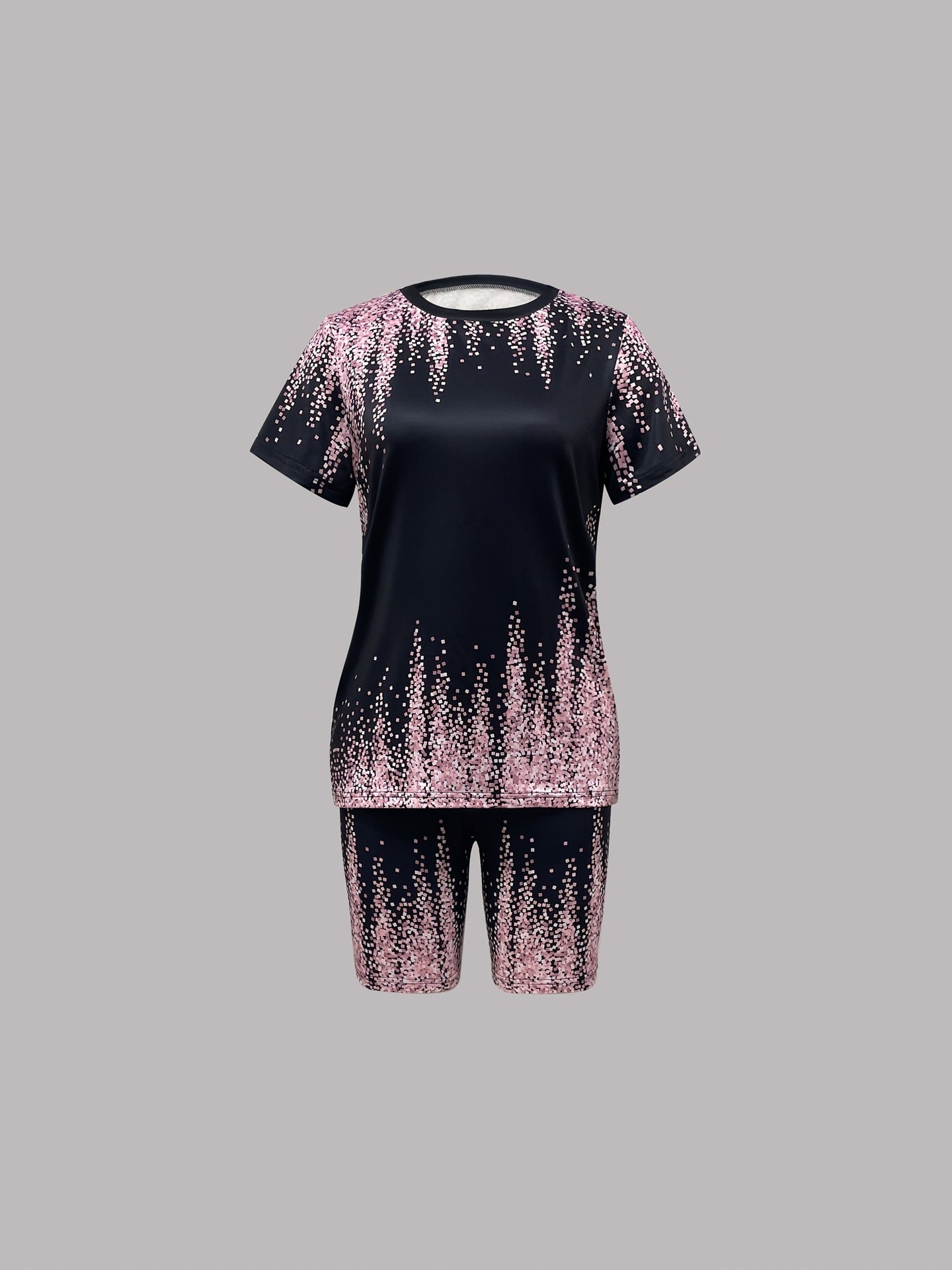 Women's Spring/Summer Geometric Stripe Round Neck T-Shirt & Tight-Fit Shorts Casual Set 30