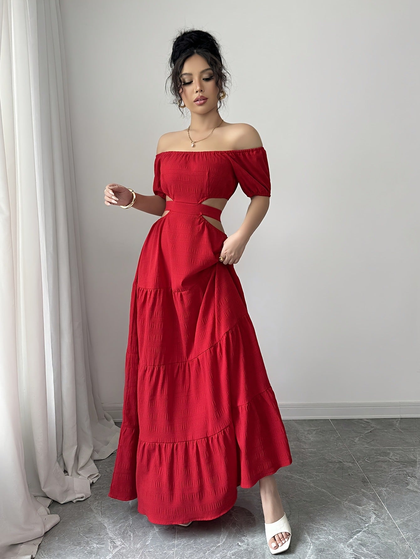 Women Off Shoulder French sexy Holidays Open Waist waist red dress 5