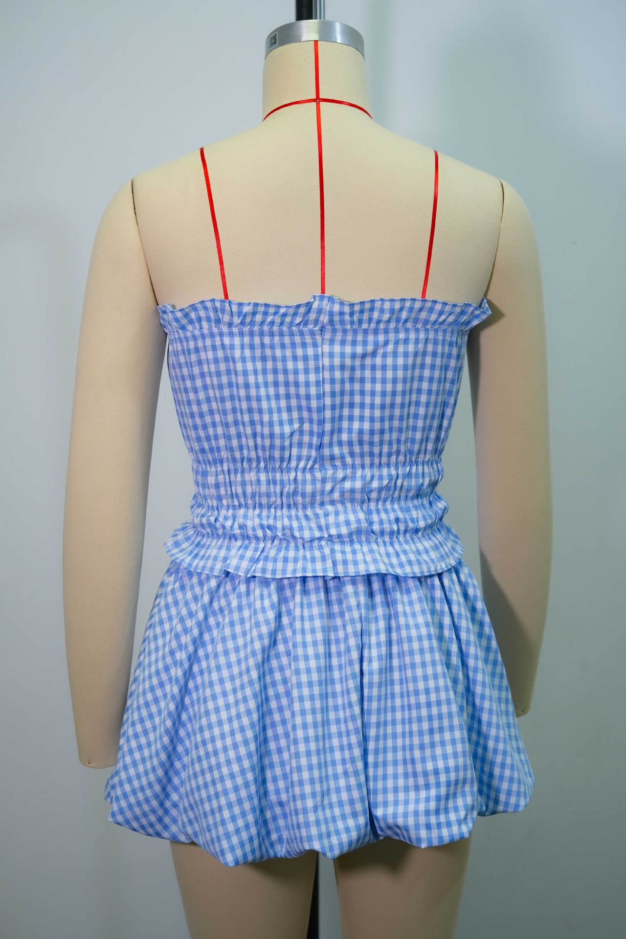 Fall Striped Strapless Puff Sleeve Top & Flared Skirt Set 6