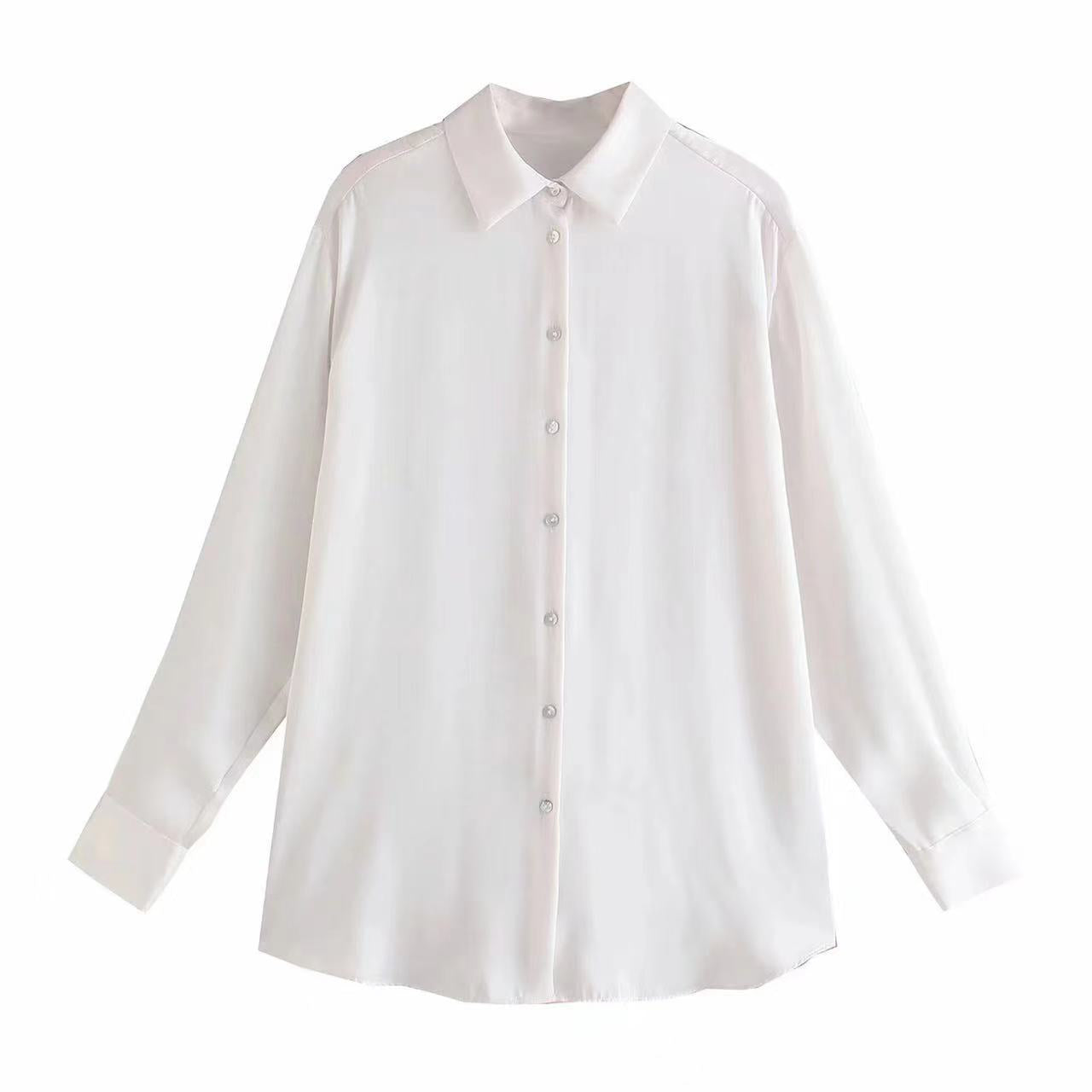 Women Satin Single Breasted Long Sleeve Solid Shirt 5