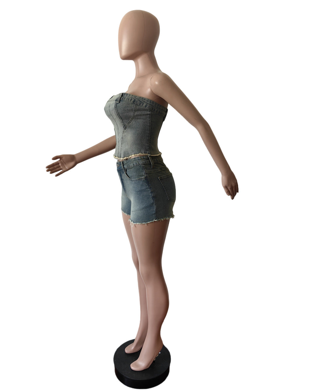 Strapless Stretch Two Piece Denim Shorts Set 7