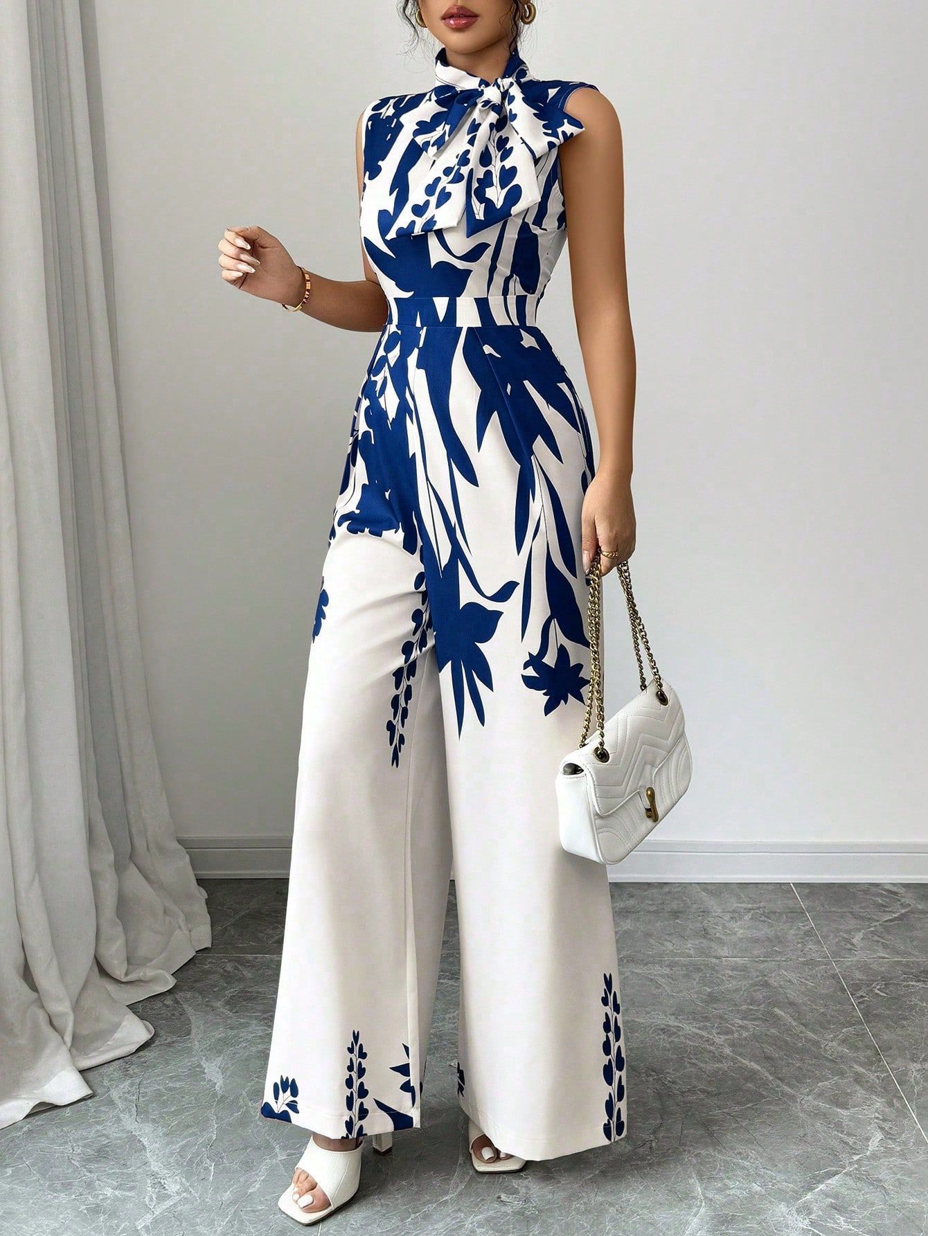 Women's Spring Summer Holidays Chic Print Sleeveless Tie Waist Wide Leg Jumpsuit 4