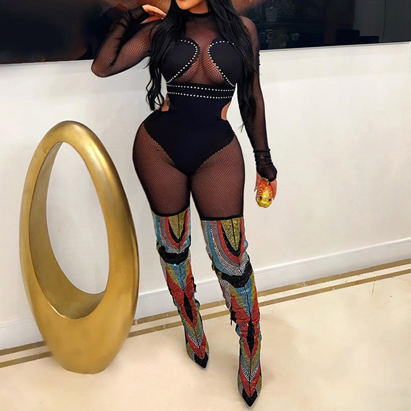 Women's Autumn and Winter mesh Patchwork Beaded See-Through Sexy Tight Fitting Butt Lift Jumpsuit 11