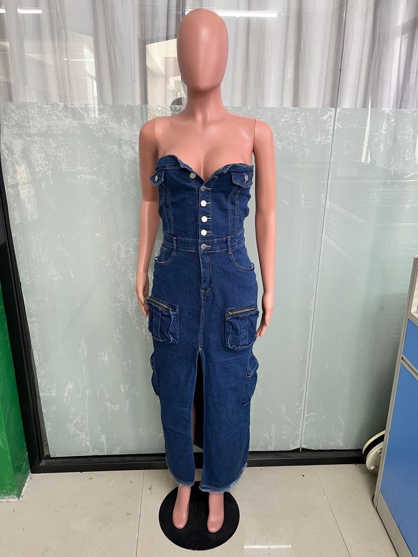 Women Sexy Strapless Off Shoulder Slit Cargo Denim Dress 6