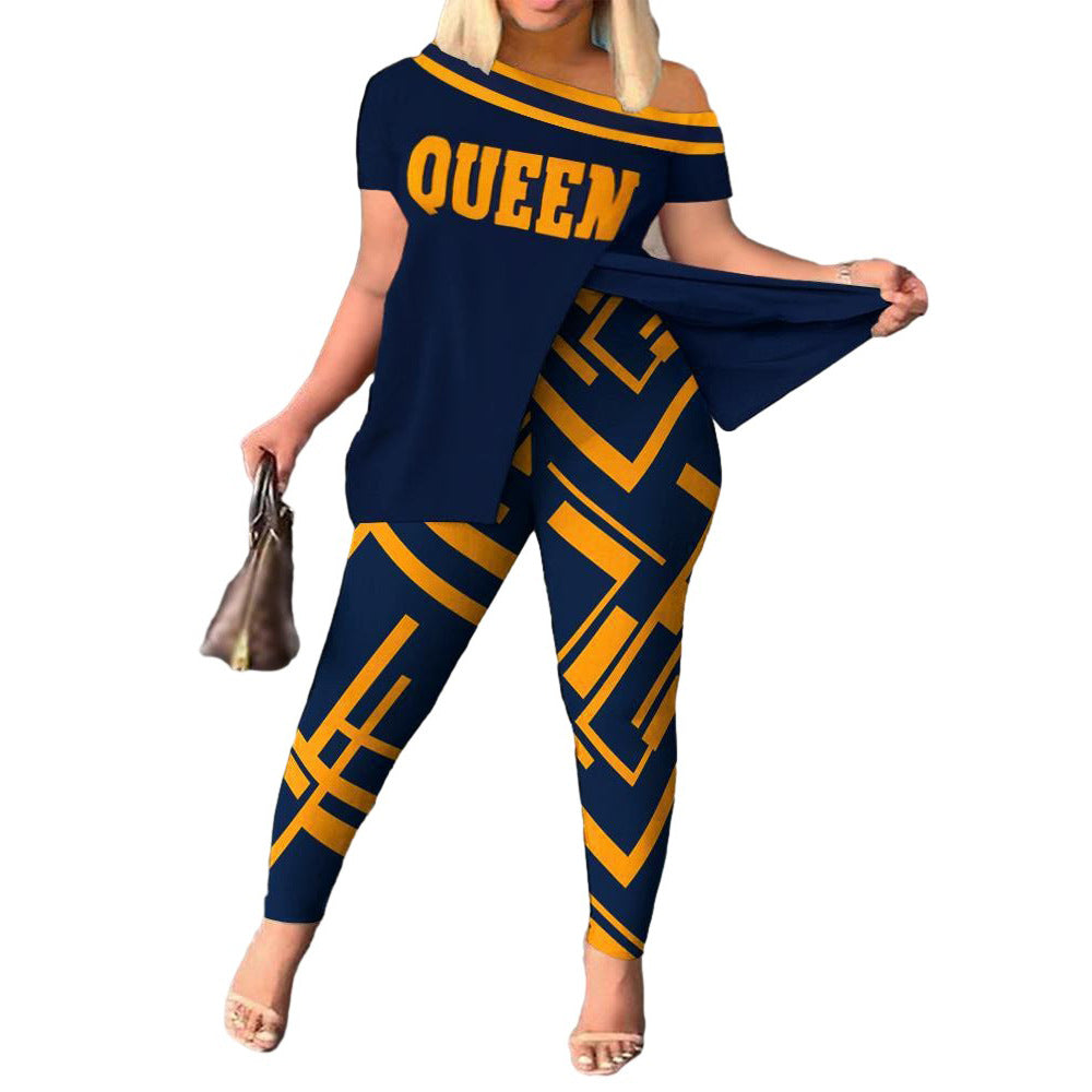 Women's Casual Fashion Graphic Print Slit Short Sleeve Top Pants Two Piece Set 8