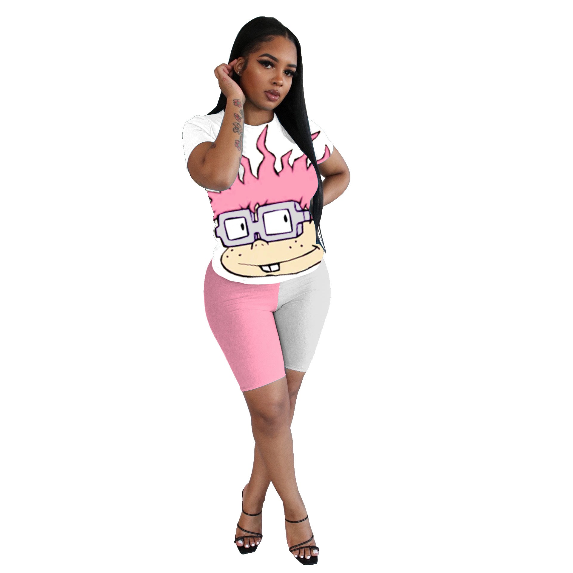 Women's Cartoon Printed Contrast Color Two Piece Fashion T-Shirt Shorts Set 13