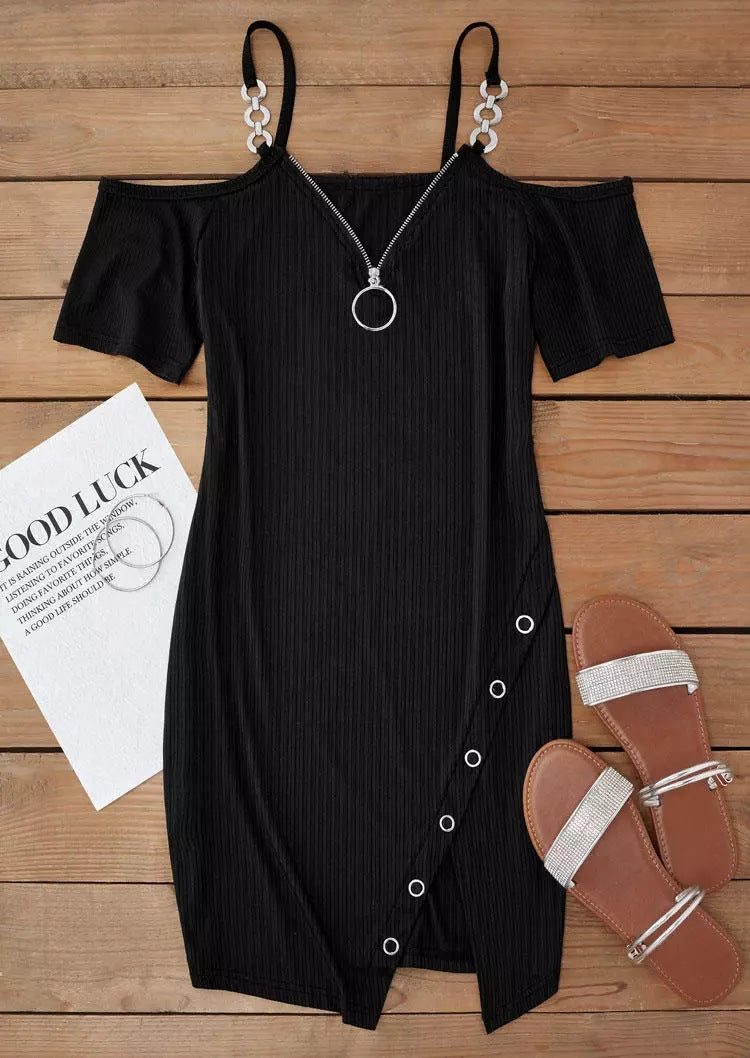 Women Fall and Winter V-neck Short Sleeve Solid Metal Slit Dress 10