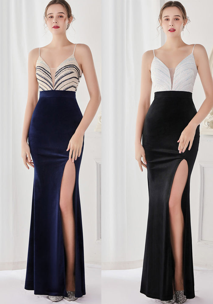 Spring Sequin Patch Dark Blue v Neck Straps Slit Formal Cocktail Evening Dress