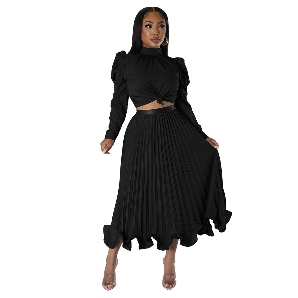 Fall Women Puff Sleeve Top And Ruffled Pleated Skirt Two-Piece Set 4