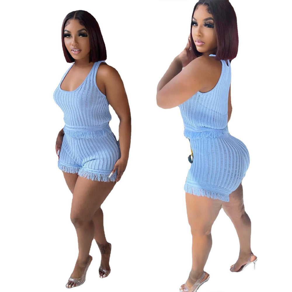 Women'S Sweet Solid Color Tassel Two-Piece Shorts Set 10