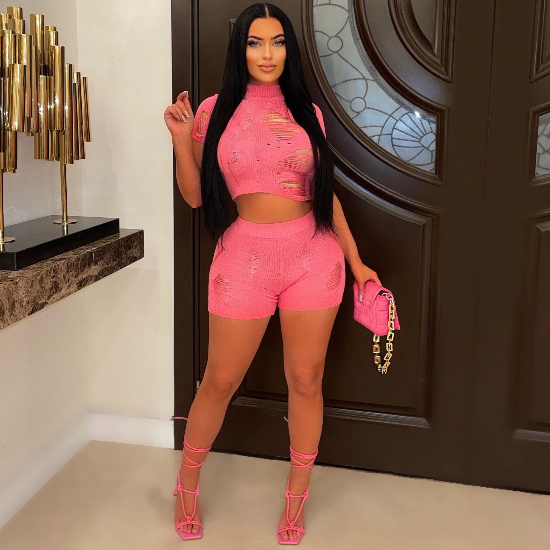 Women Fashion Knitting Tight Fitting Hollow Out Sexy Two Piece Shorts Set Spring Summer 3