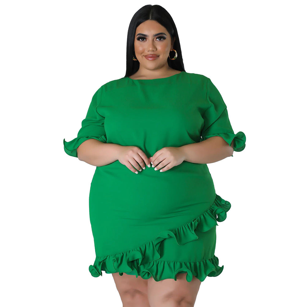Plus Size Women's Fashion Fit Round Neck Solid Ruffle Casual Dress 10