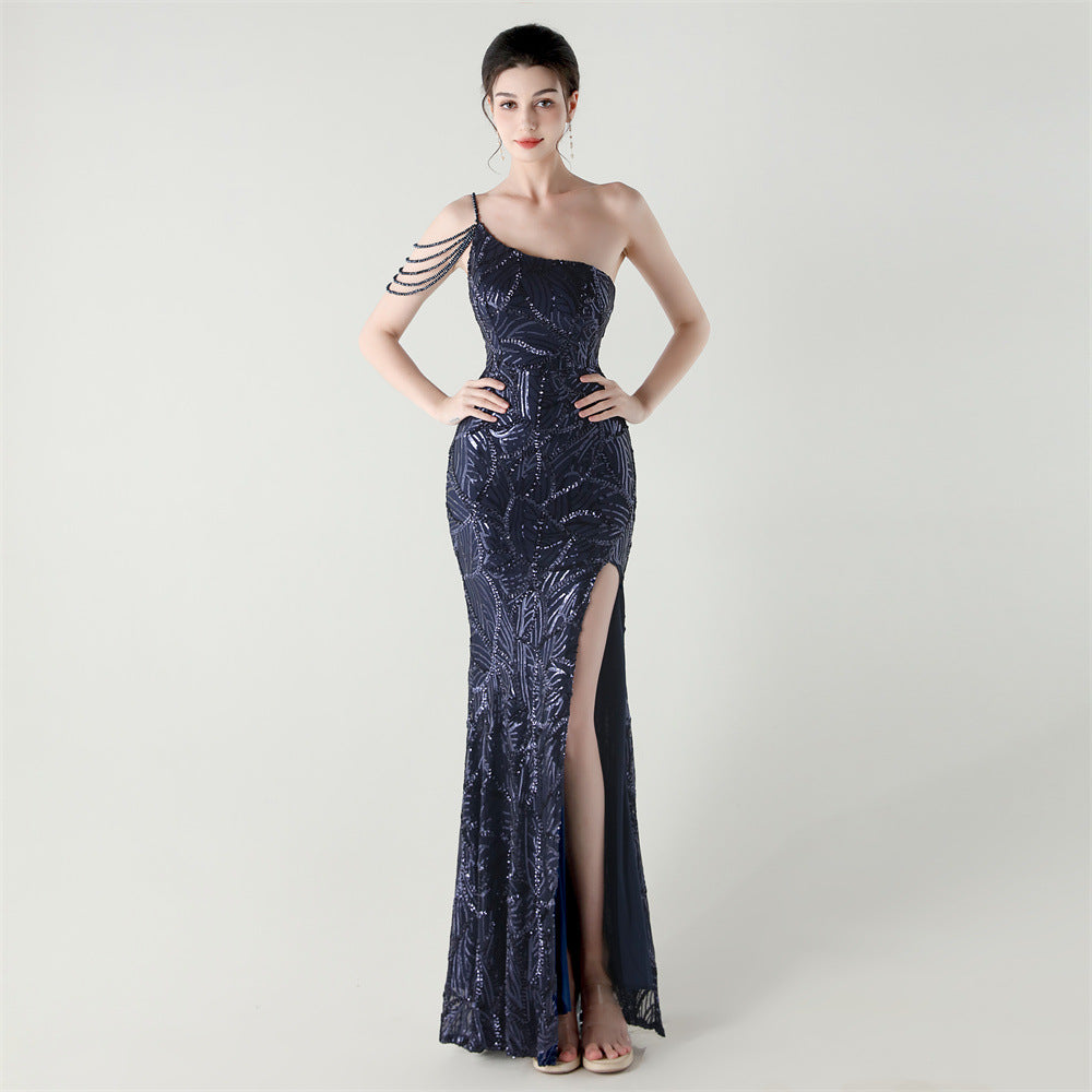 Women One Shoulder Beaded Sequin Embroidery Formal Party Prom Wedding Evening Dress 22