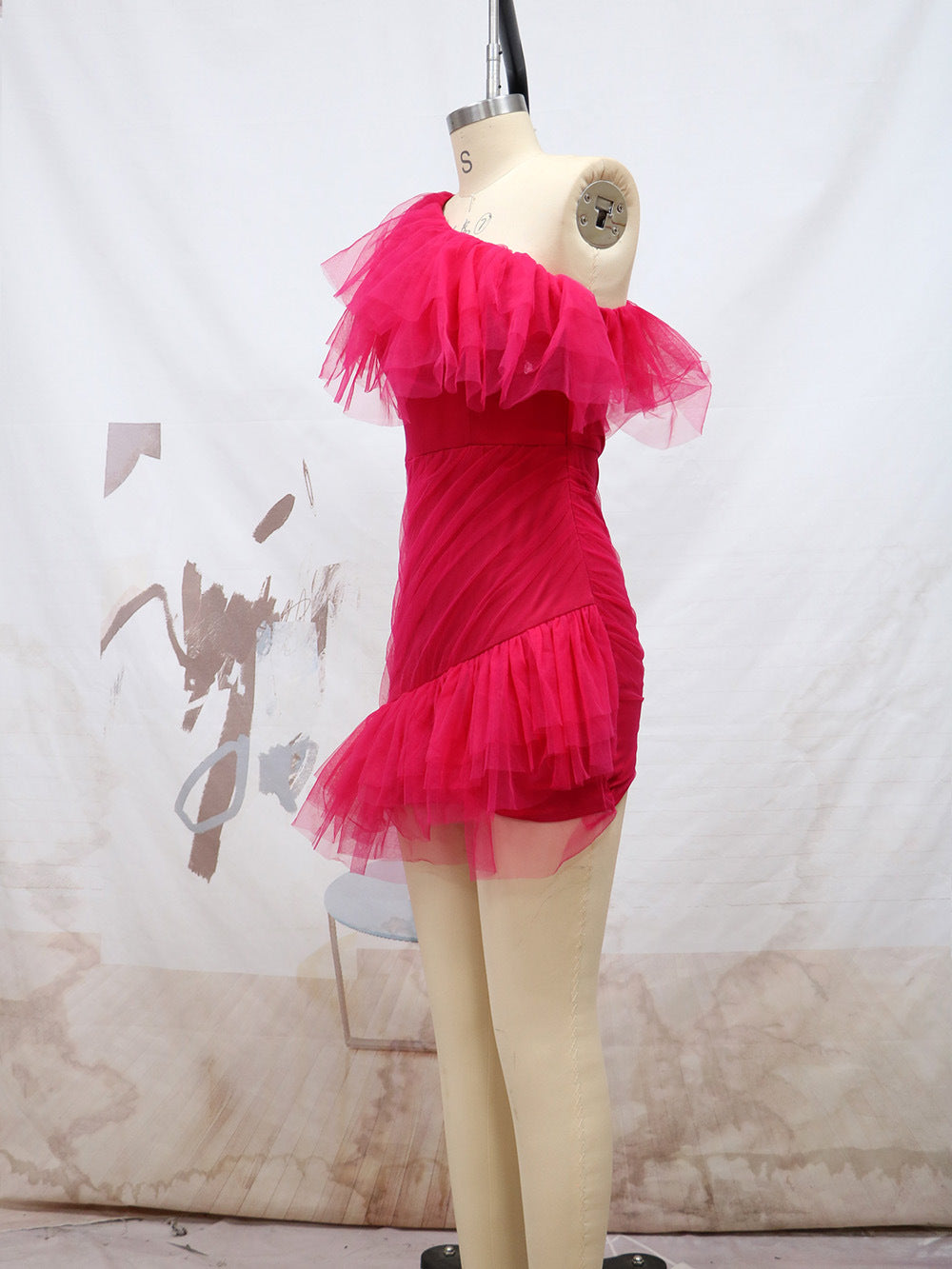 Women's Summer Style Slash Shoulder Pleated Mini Dress Mesh Trailing Formal Party Dress 10