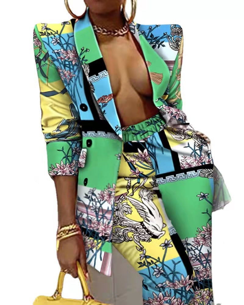 Women's Printed Coat Suit Casual Blazer Pants two piece Suit 15