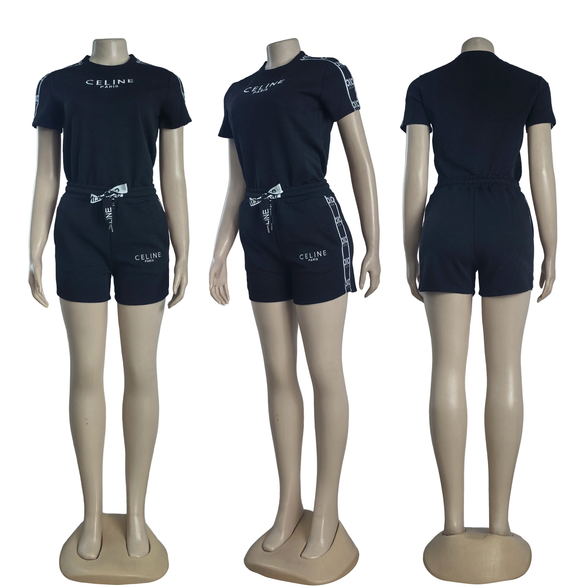 Summer Fashion Women's Jacquard Embroidered Short Sleeve Multi-Color Belt Sports Shorts Set 7