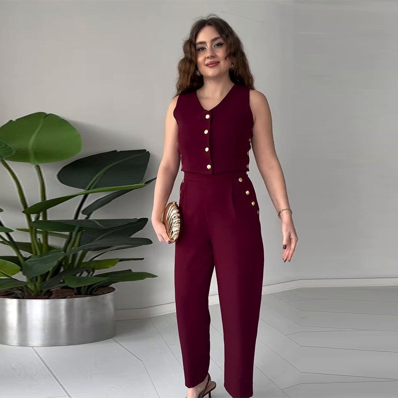 Women Casual Summer Solid Vest and Pants Two-Piece Set 4