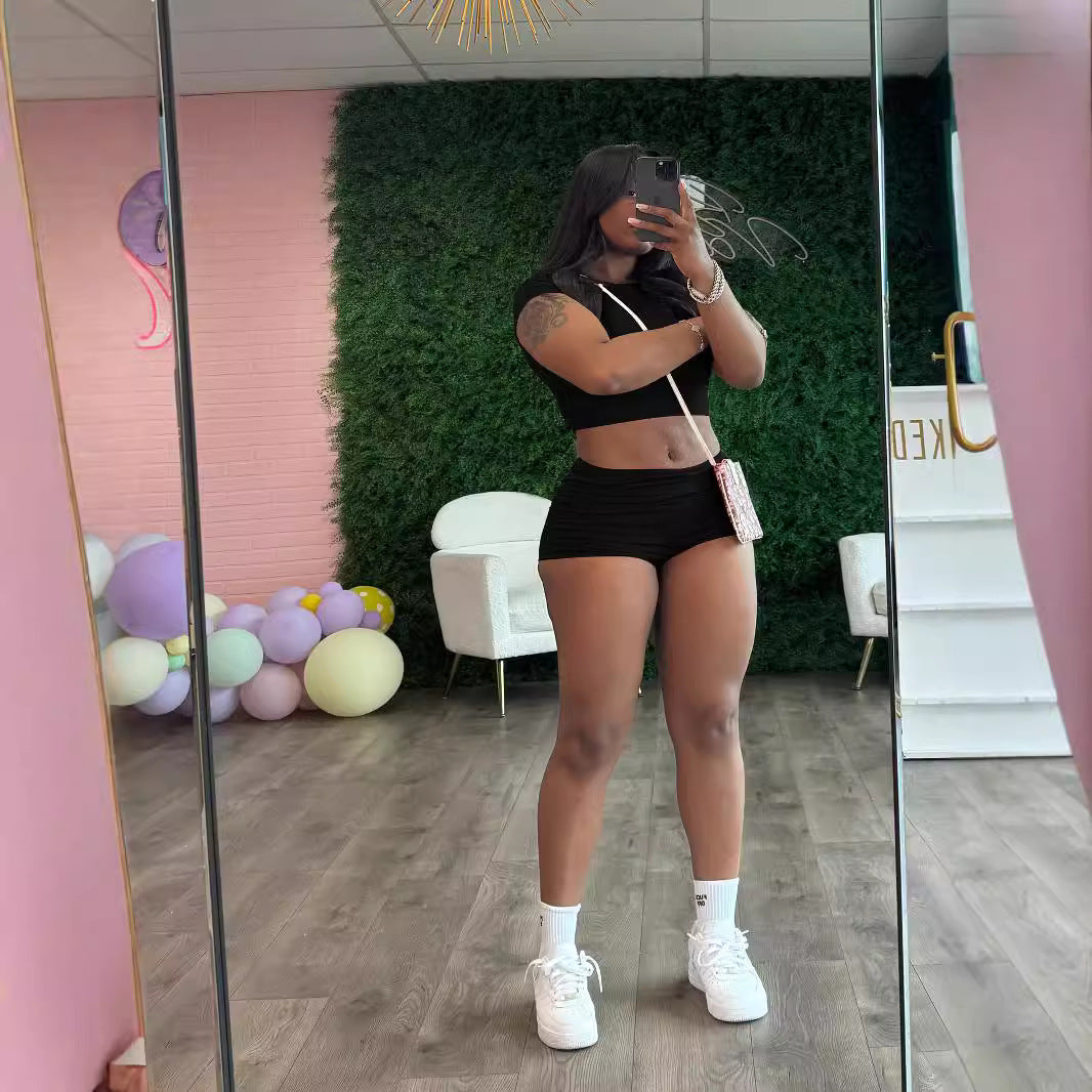 Women Summer Solid Crop Top Shorts Two-Piece Set 9