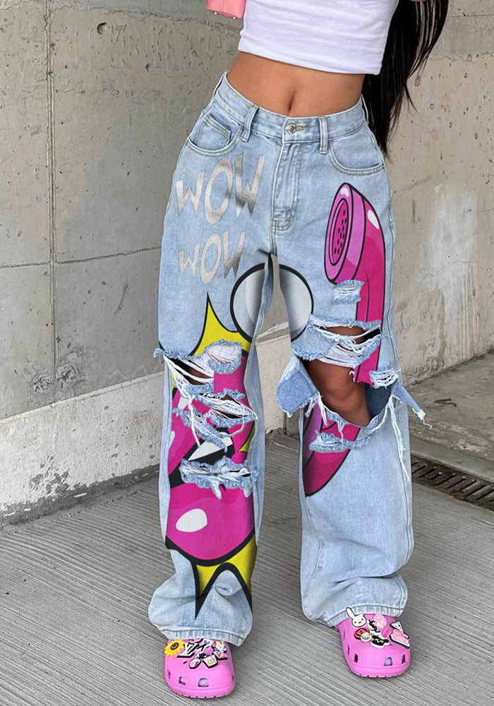 Women Ripped Wide-leg Denim Pants