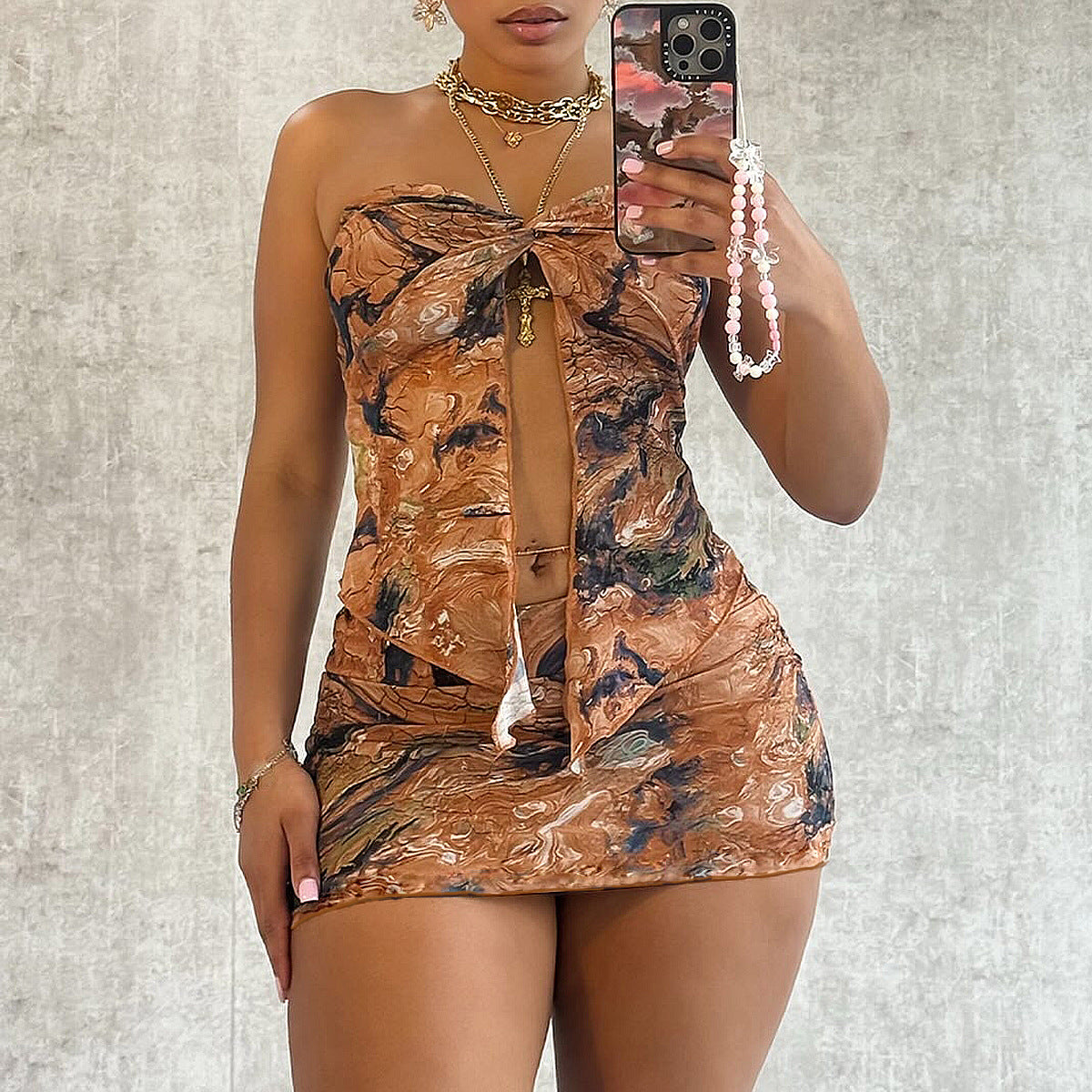 Women Mesh Floral Pleated Sexy Split Strapless Strapless Dress 5