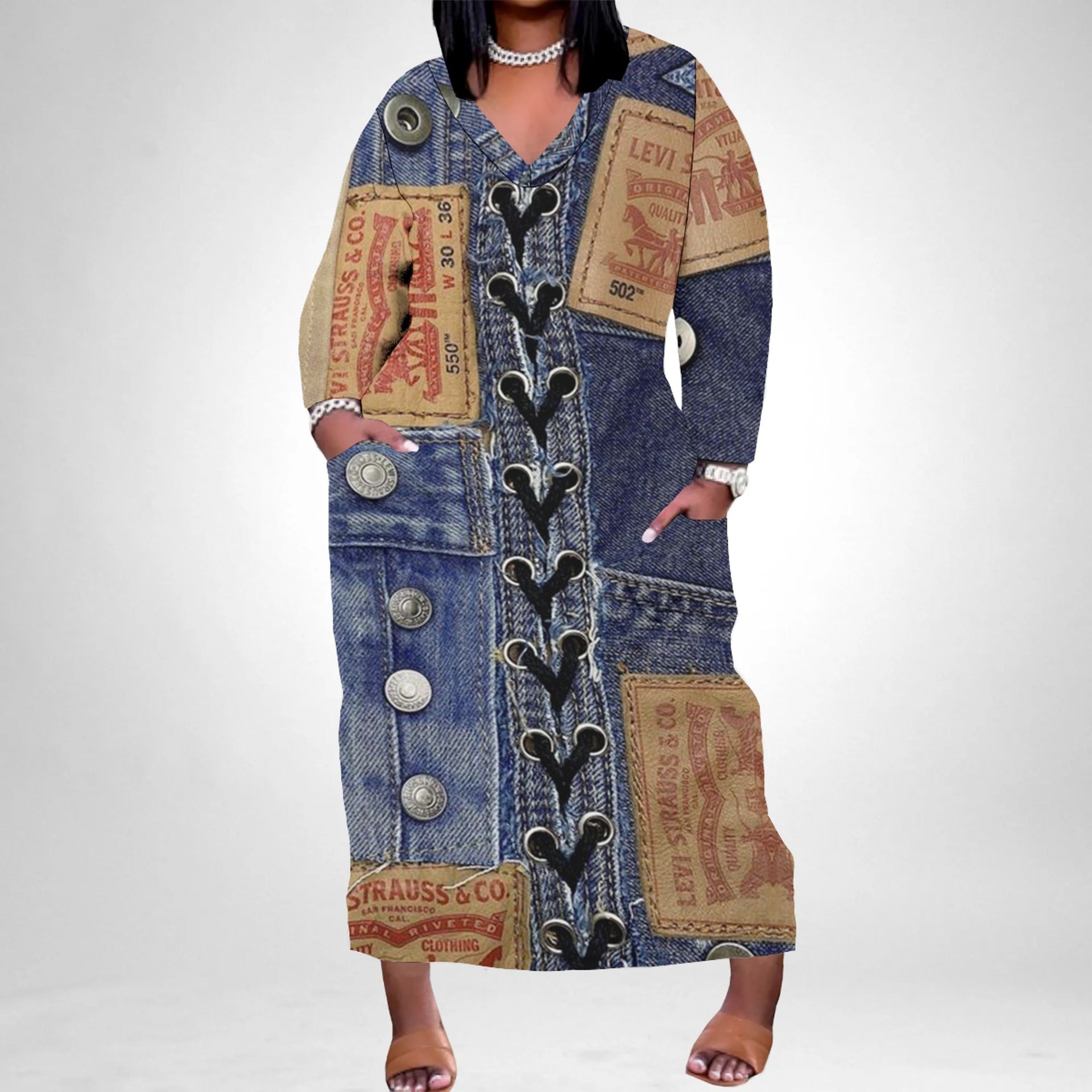 Women's Casual Printed Long Sleeves Plus Size Dress